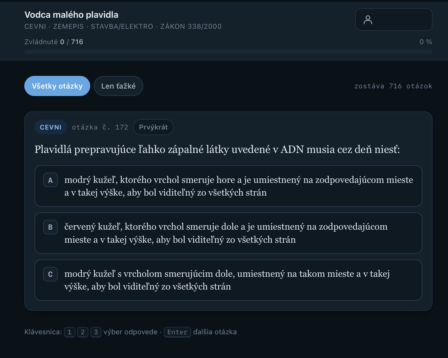 Ukážka aplikácie: otázka z okruhu CEVNI s tromi možnosťami odpovede